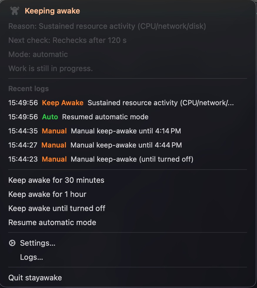 stayawake menu with current state and recent logs