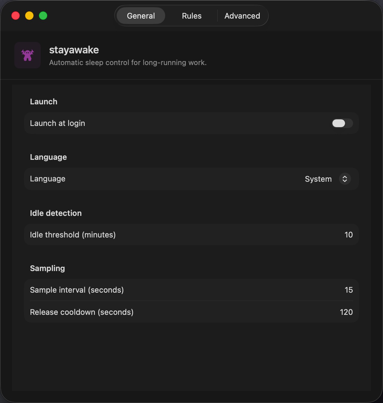 stayawake general settings