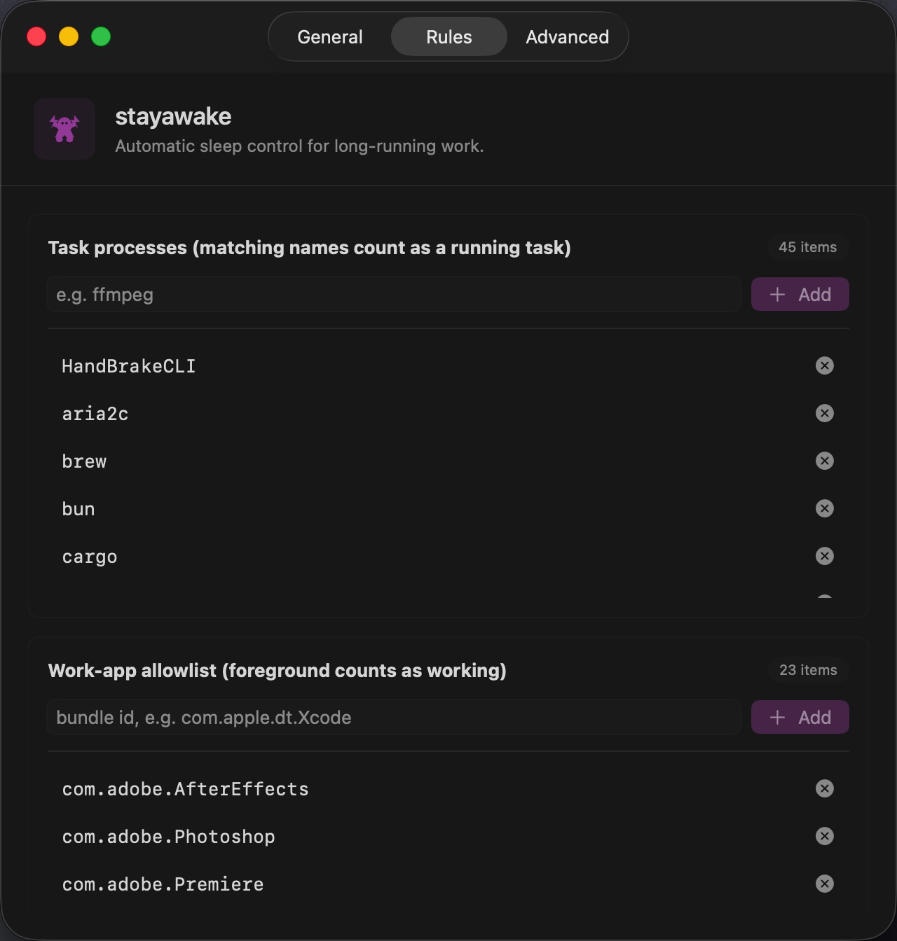 stayawake rules settings