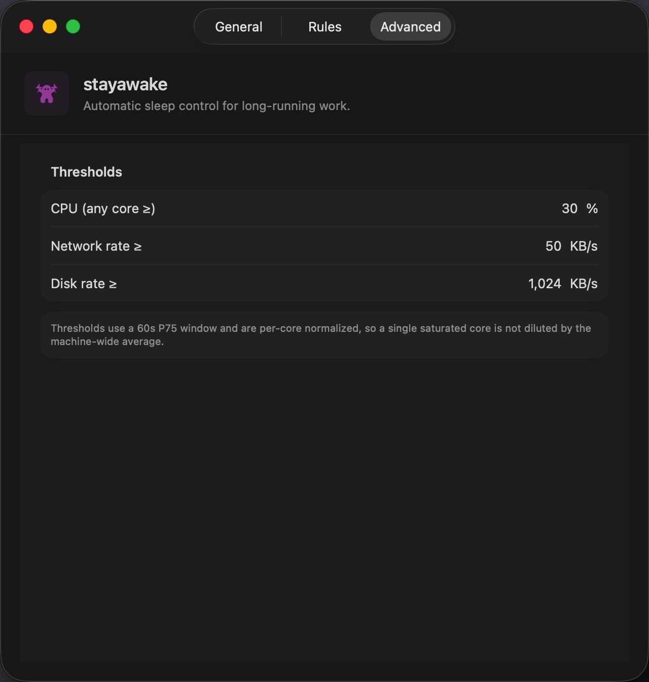 stayawake advanced settings