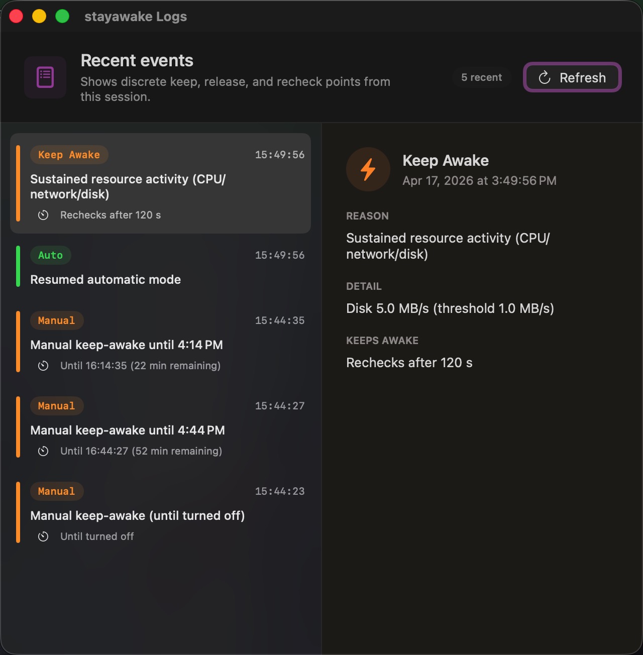 stayawake logs window